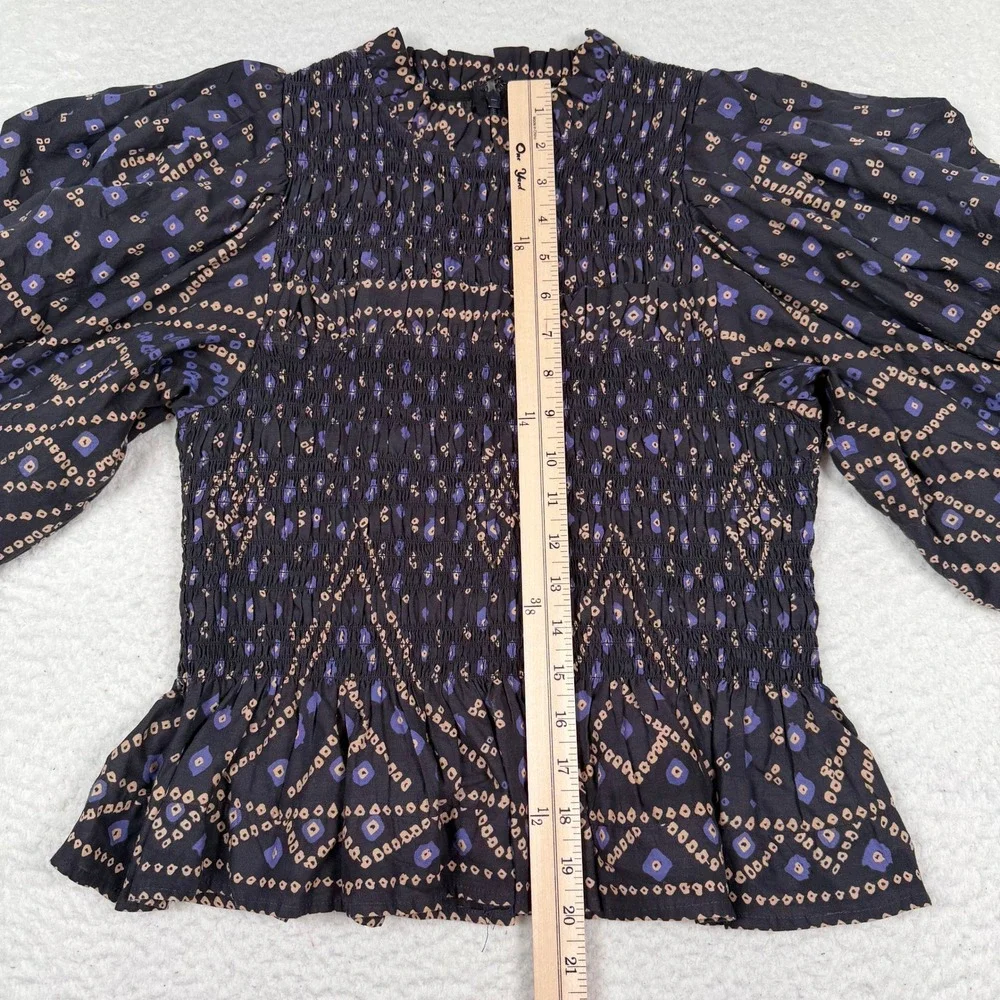 Sea New York Delphine Puff Sleeve Smocked Top Small? Black Blue Geometric Cotton - Picture 9 of 12